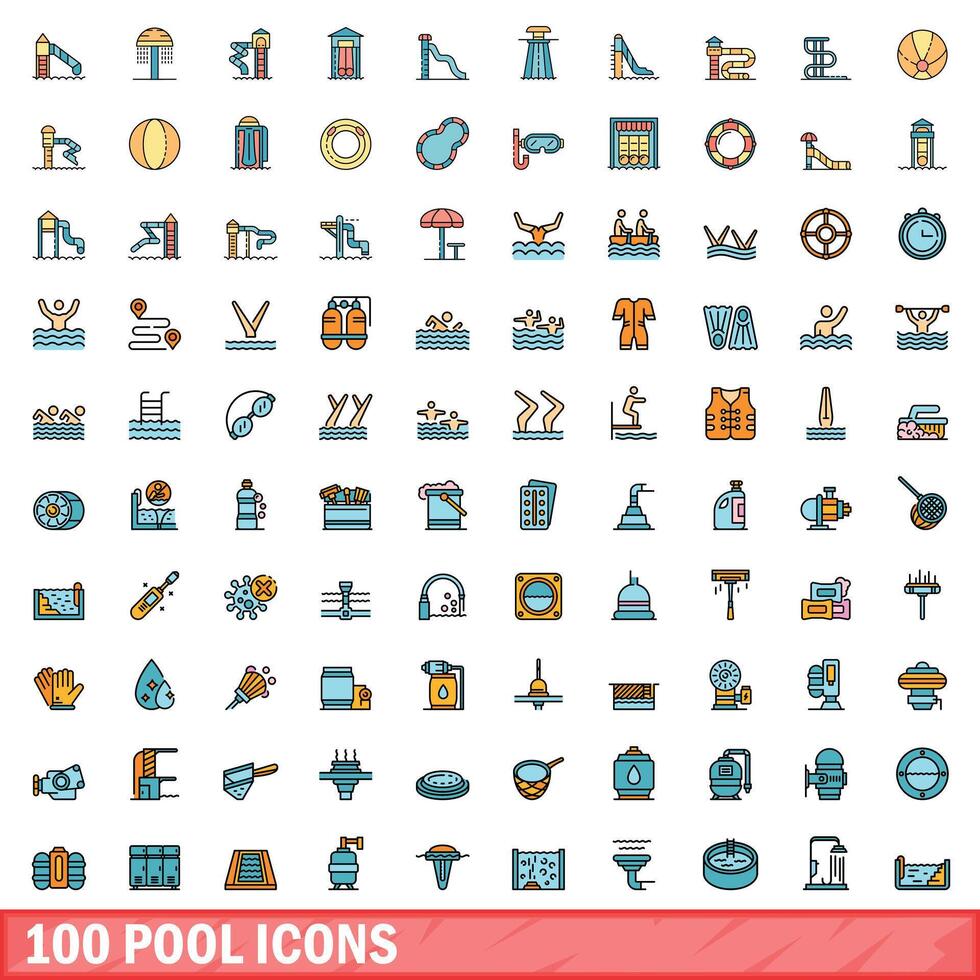 100 pool icons set, color line style vector