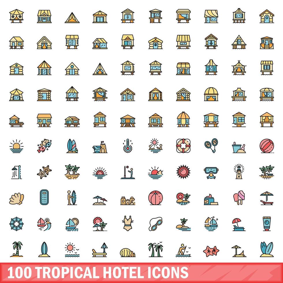 100 tropical hotel íconos colocar, color línea estilo vector
