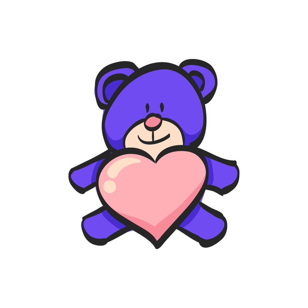 Teddy holding heart shape icon in hand drawn color vector illustration