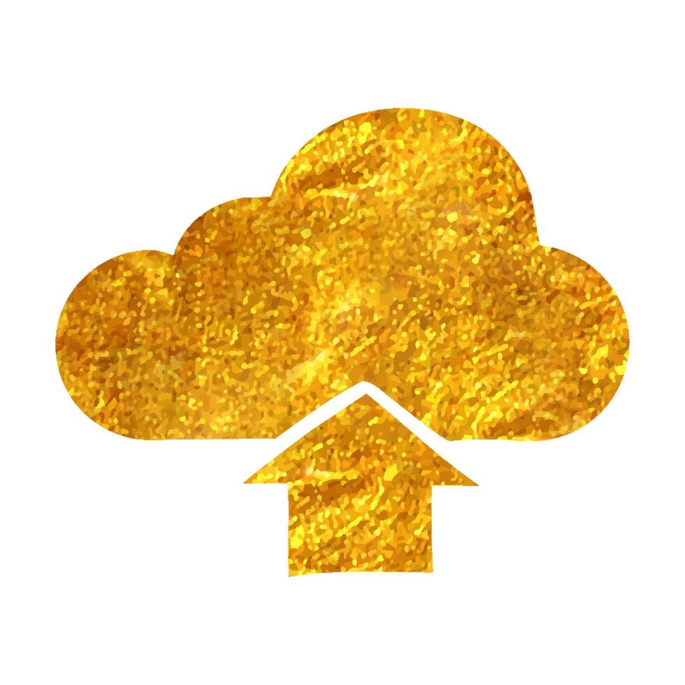 Hand drawn Cloud upload icon in gold foil texture vector illustration