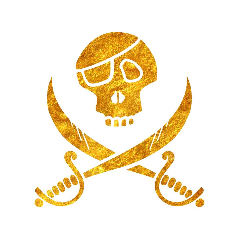 Hand drawn skull and swords icon in gold foil texture vector illustration