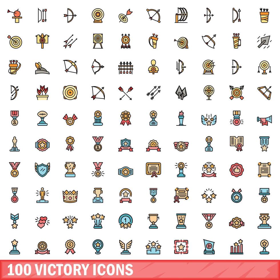 100 victory icons set, color line style vector