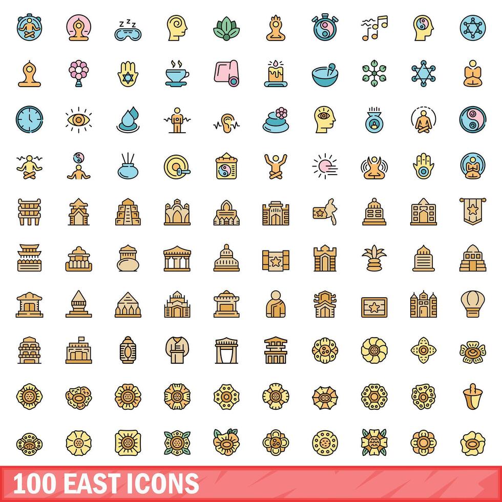 100 east icons set, color line style vector