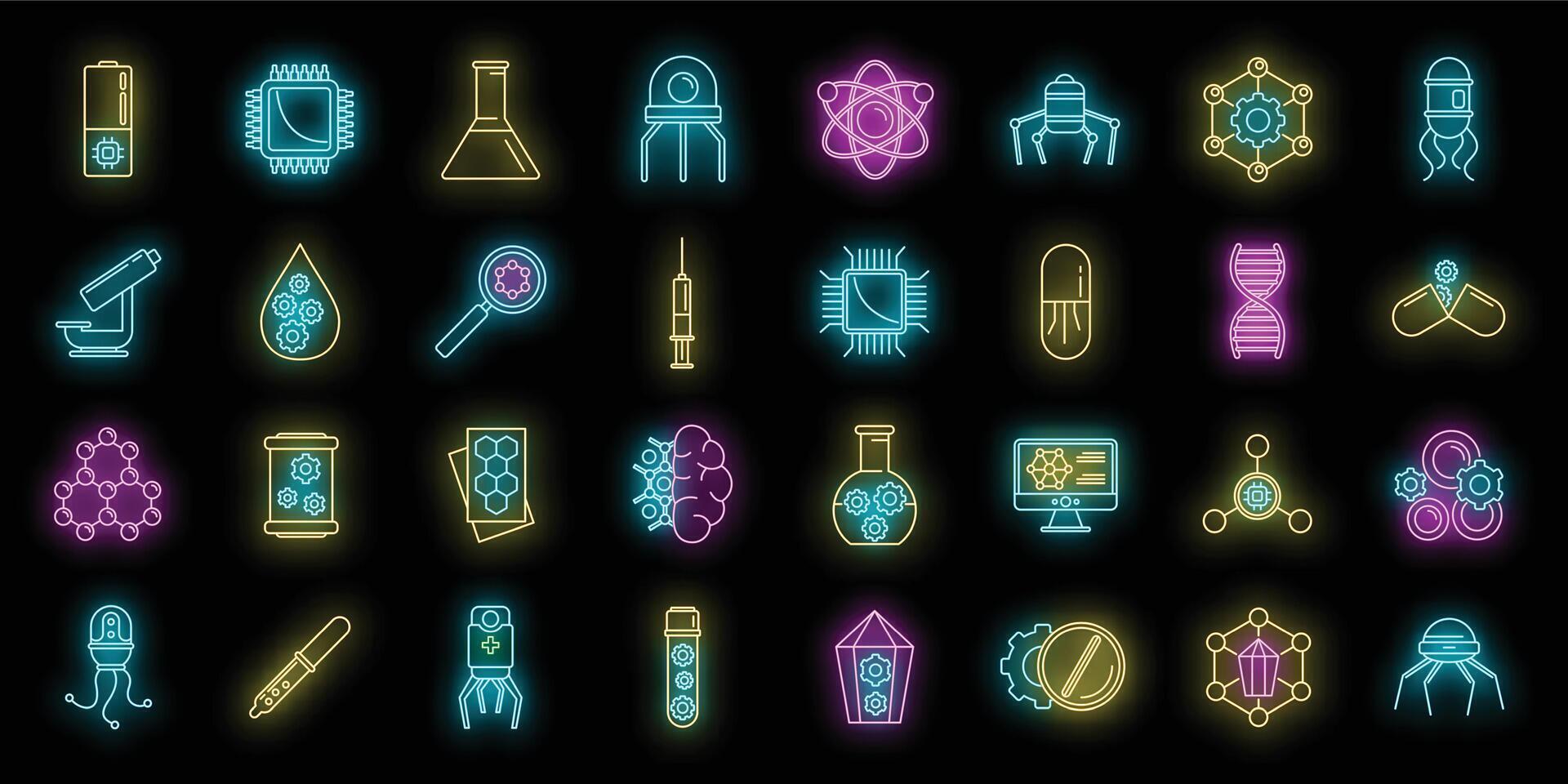 Nanotechnology science icons set vector neon