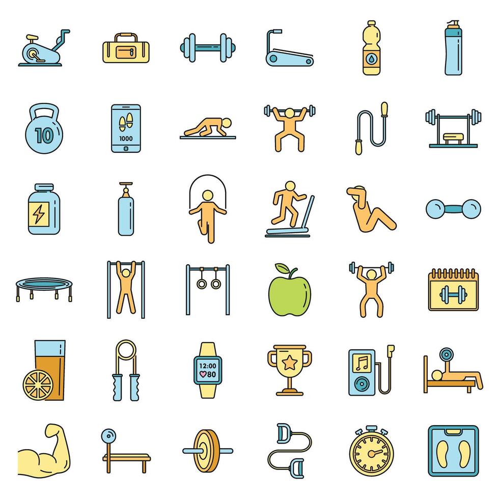 Morning gym time icons set vector color line