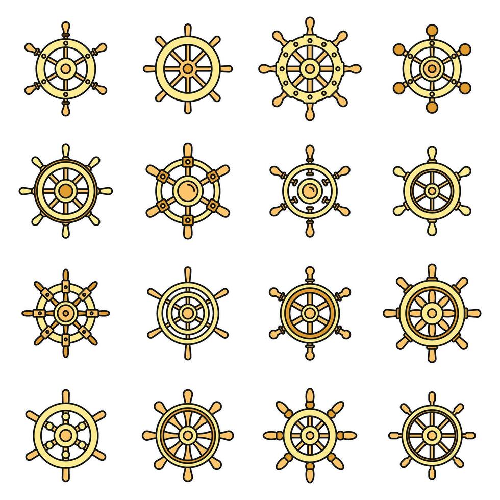 Ship wheel element icons set vector color line