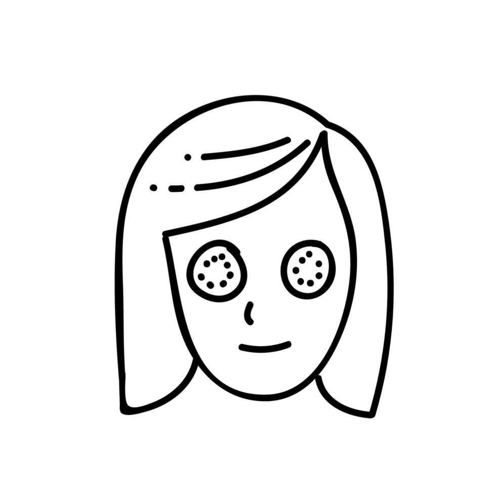 Woman face with cucumber eye mask. Hand drawn vector illustration. Editable line stroke.