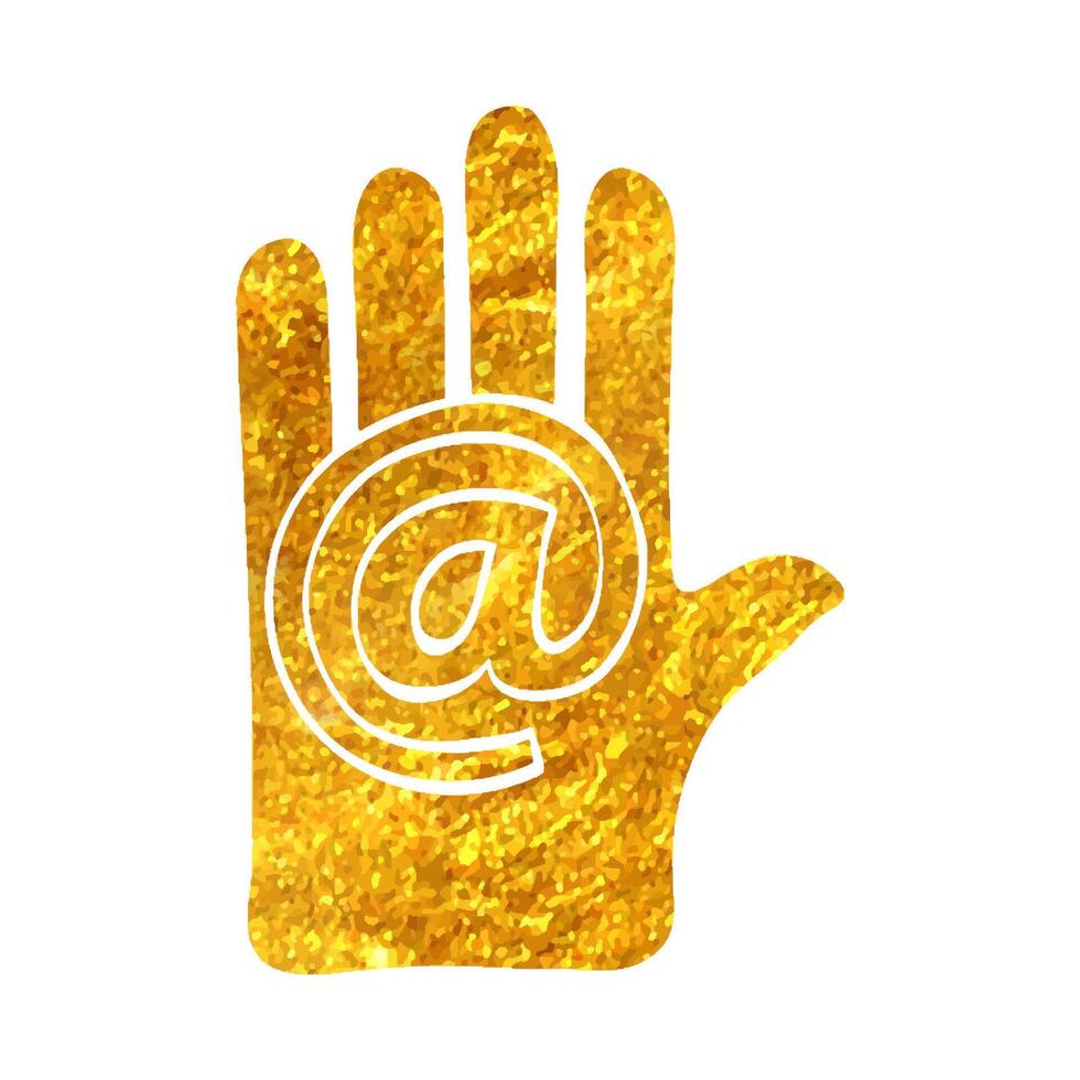 Hand drawn Hand with email icon in gold foil texture vector illustration