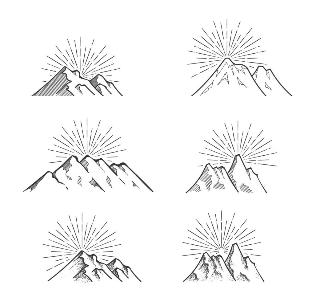 hand drawn doodle sketch mountains with sun rays vector illustration