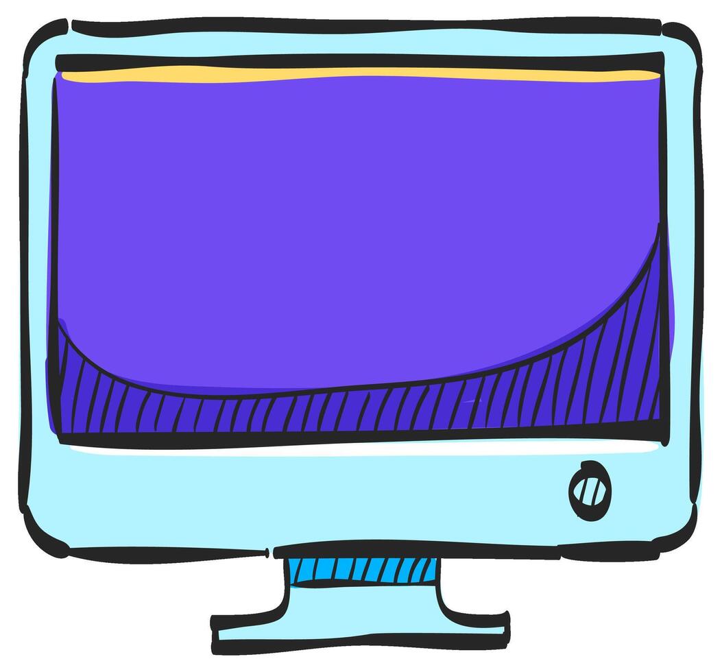 Desktop computer icon in hand drawn color vector illustration