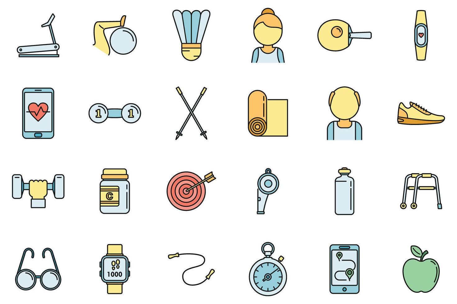 Workout seniors activity icons set vector color line