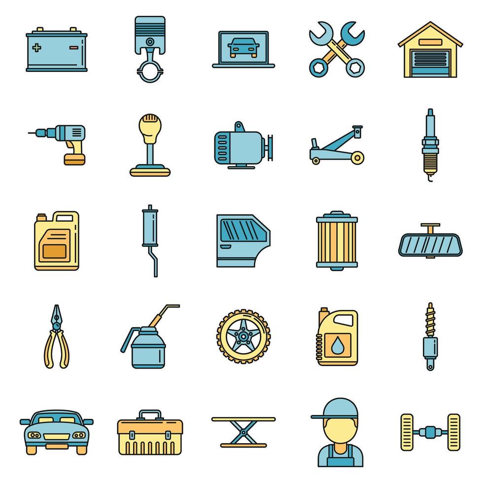 Auto mechanic labor icons set vector color line