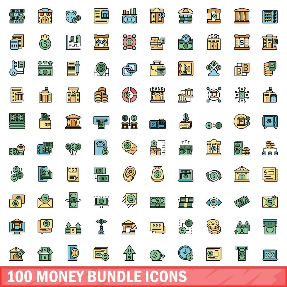 100 money bundle icons set, color line style vector