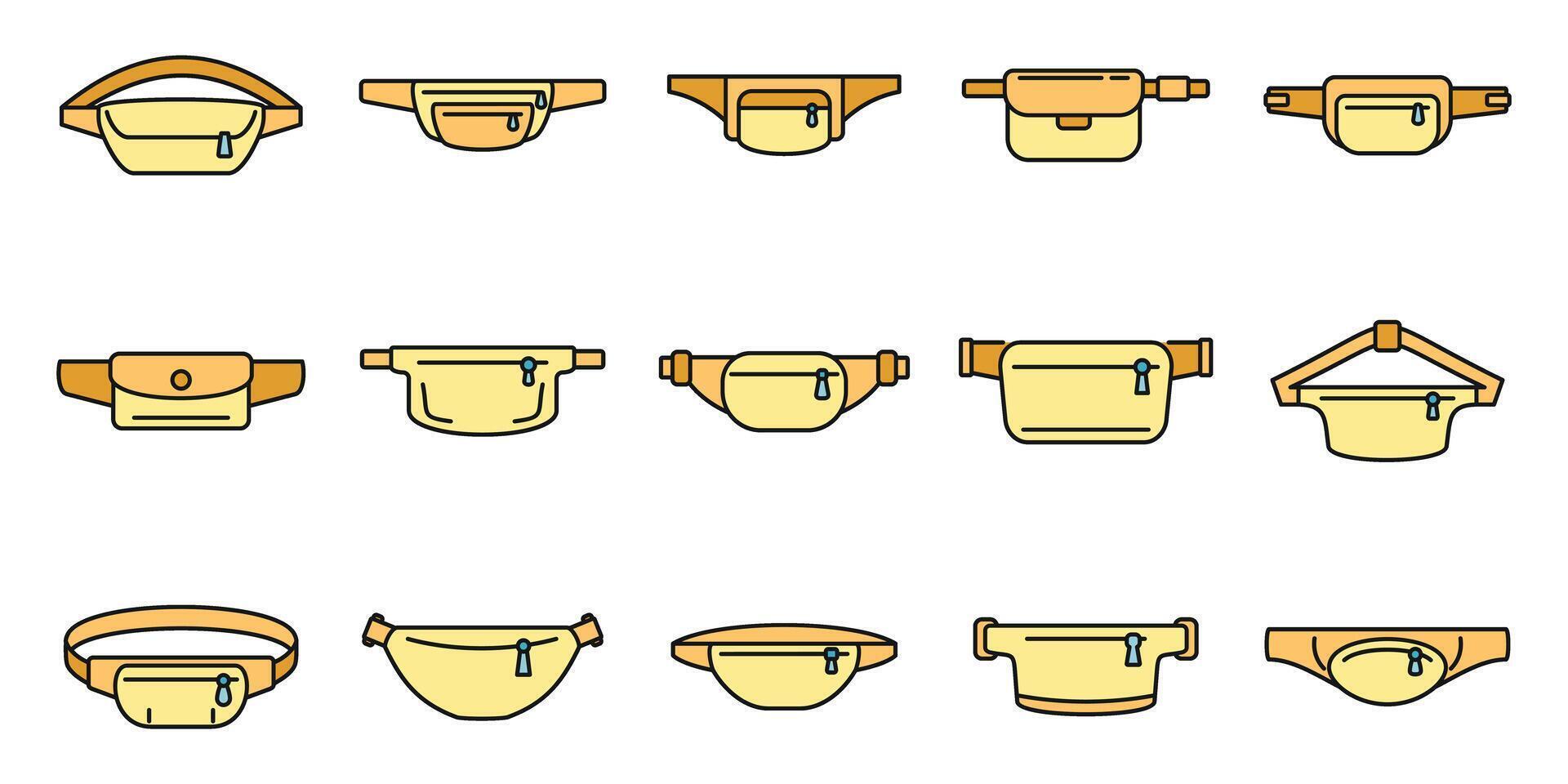 Fashion waist bag icons set vector color line