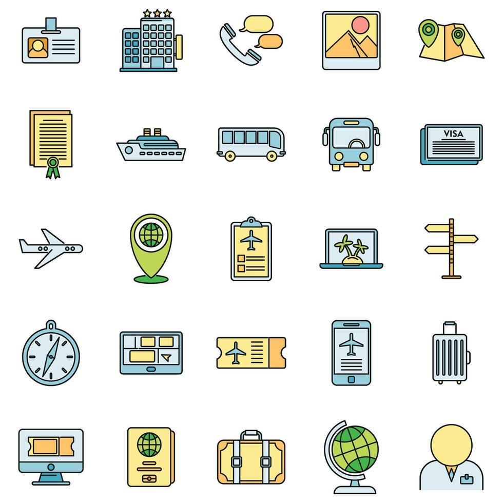 Tourism manager travel icons set vector color line