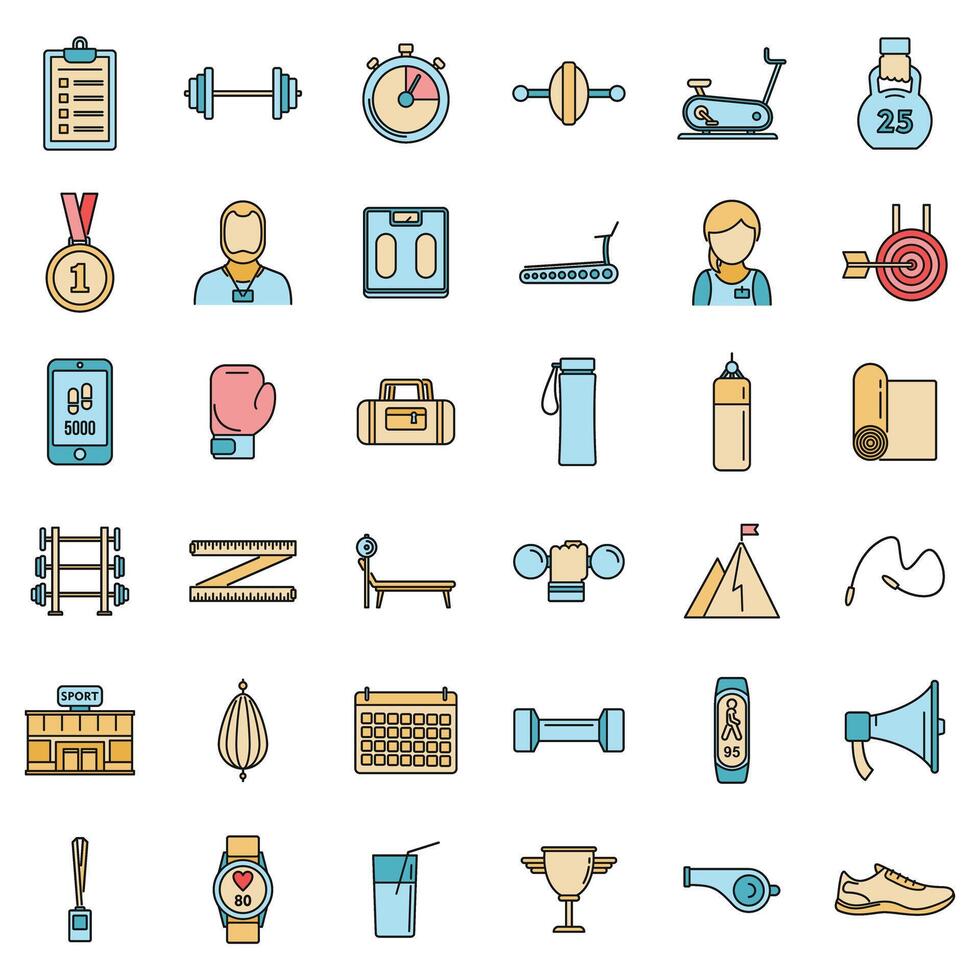 Gym personal trainer icons set vector color line