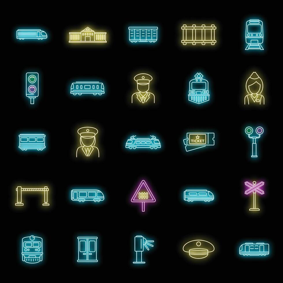 Electric train driver subway icons set vector neon