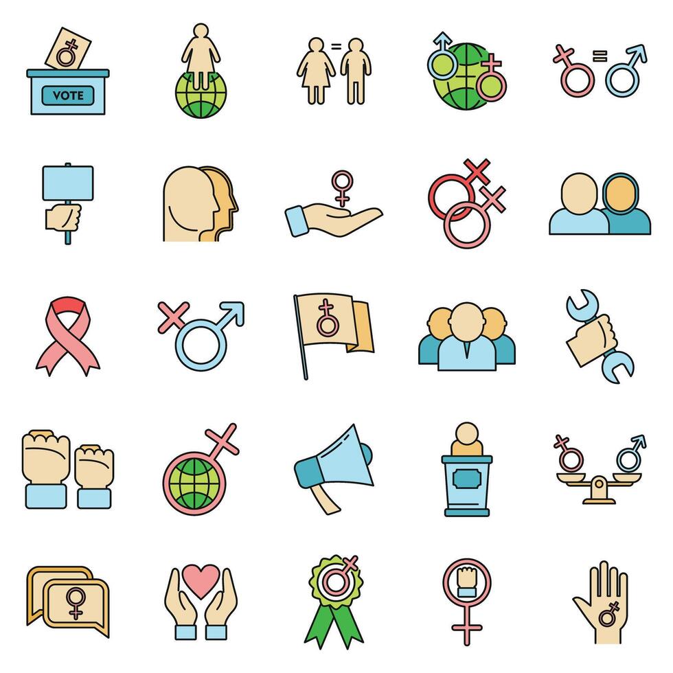 Empowerment girl icons set vector color line