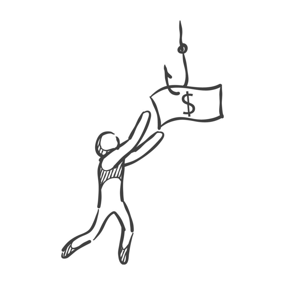 Man chasing dollar bait icon in hand drawn doodle vector