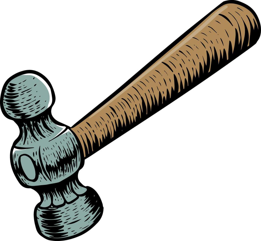 Ball-peen hammer in woodcut drawing style color vector illustration