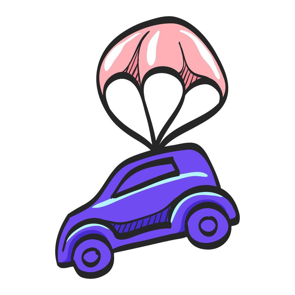 Car parachute icon in hand drawn color vector illustration