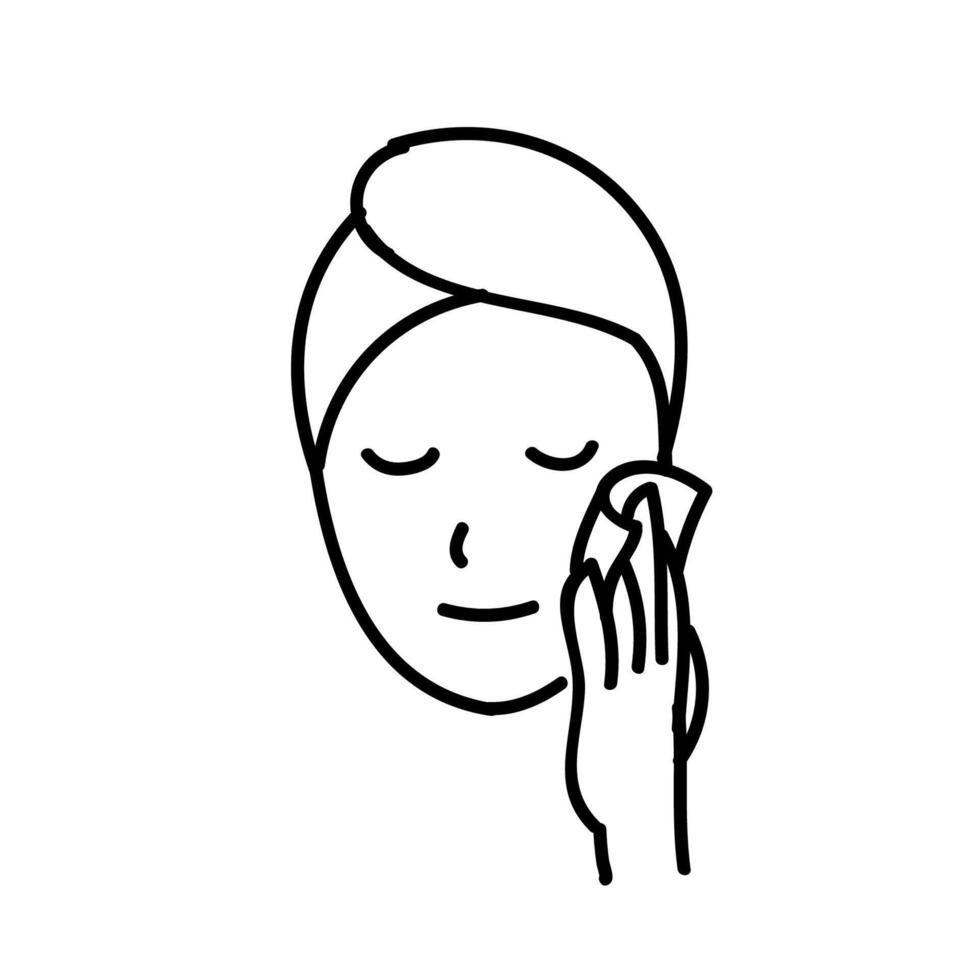 Woman applying facial treatment product. Hand drawn vector illustration. Editable line stroke.