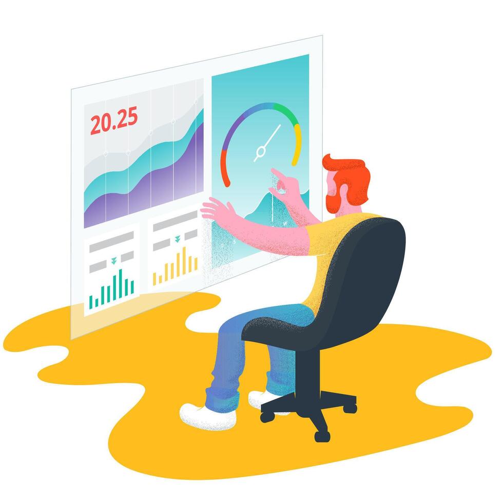 Man working with charts in large dashboard apps vector