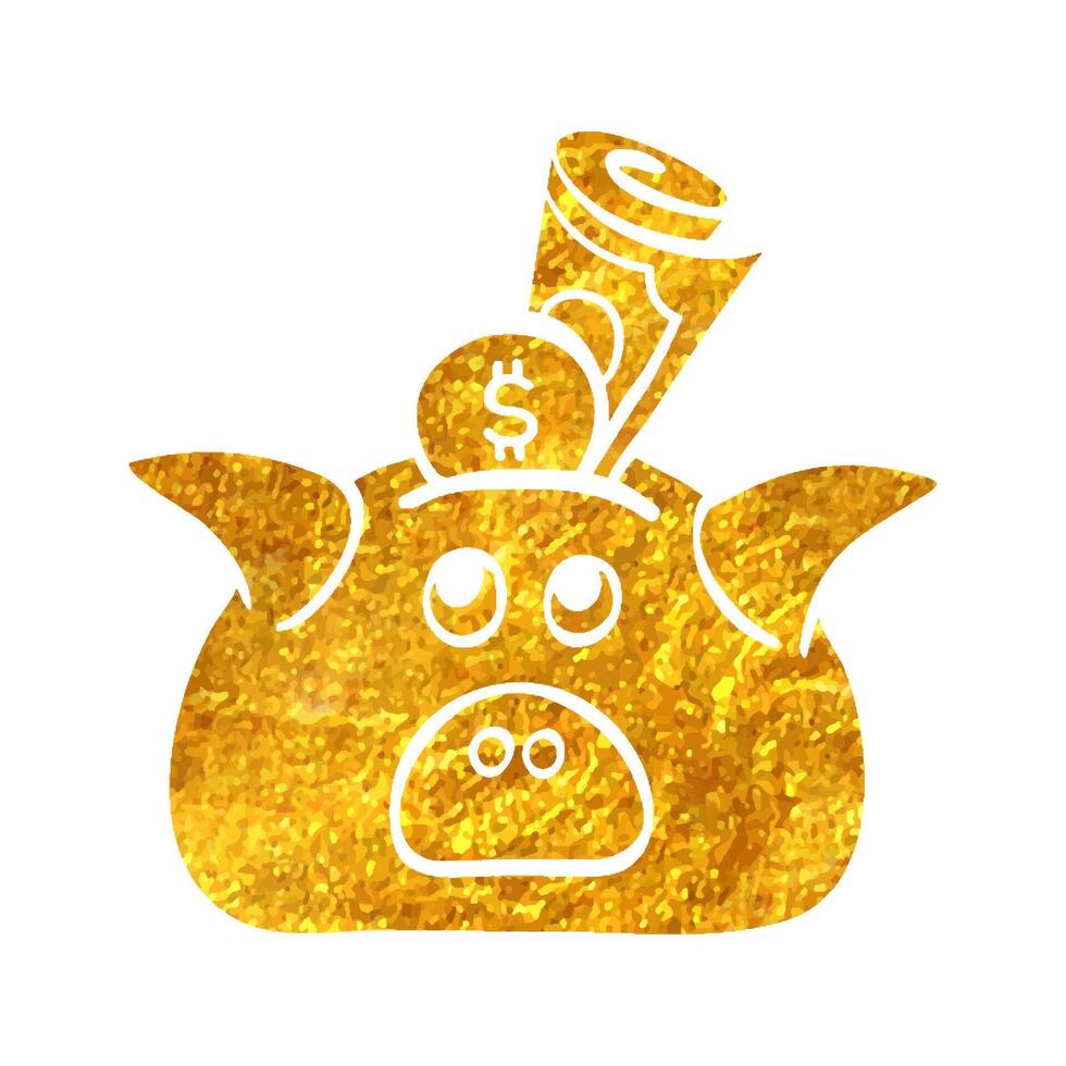 Hand drawn Coin piggy bank icon in gold foil texture vector illustration