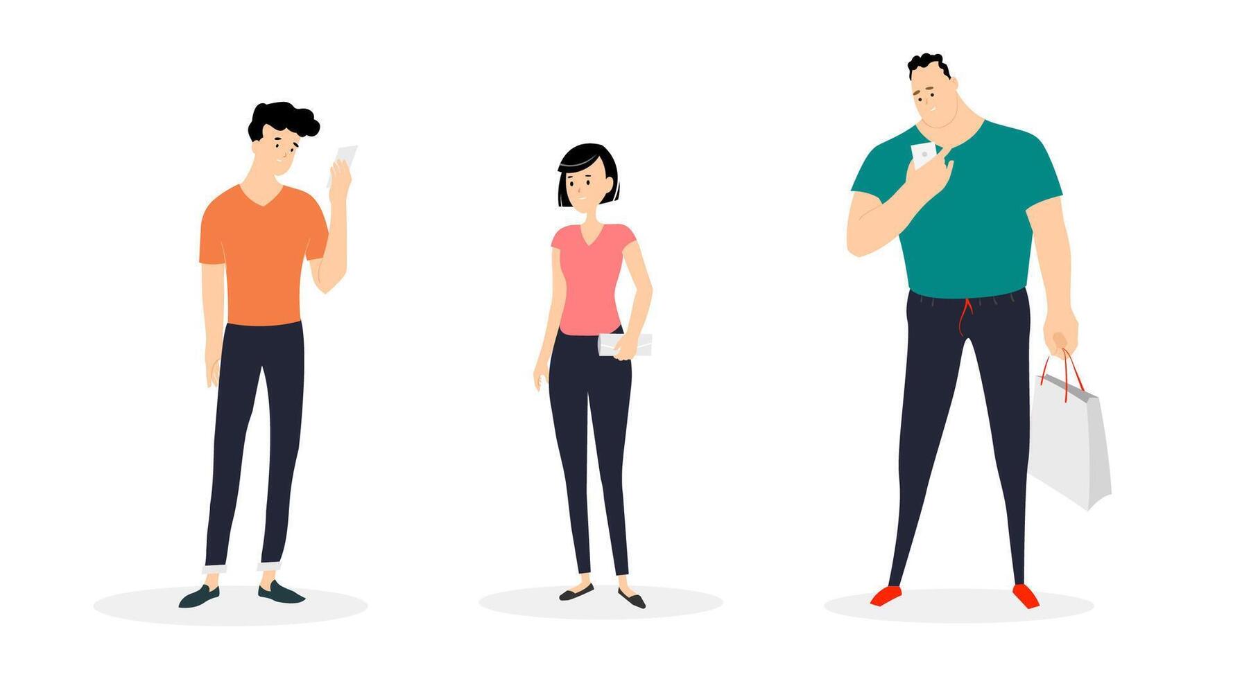 Group portrait of three people. Standing men with gadgets and a woman. Vector illustration.