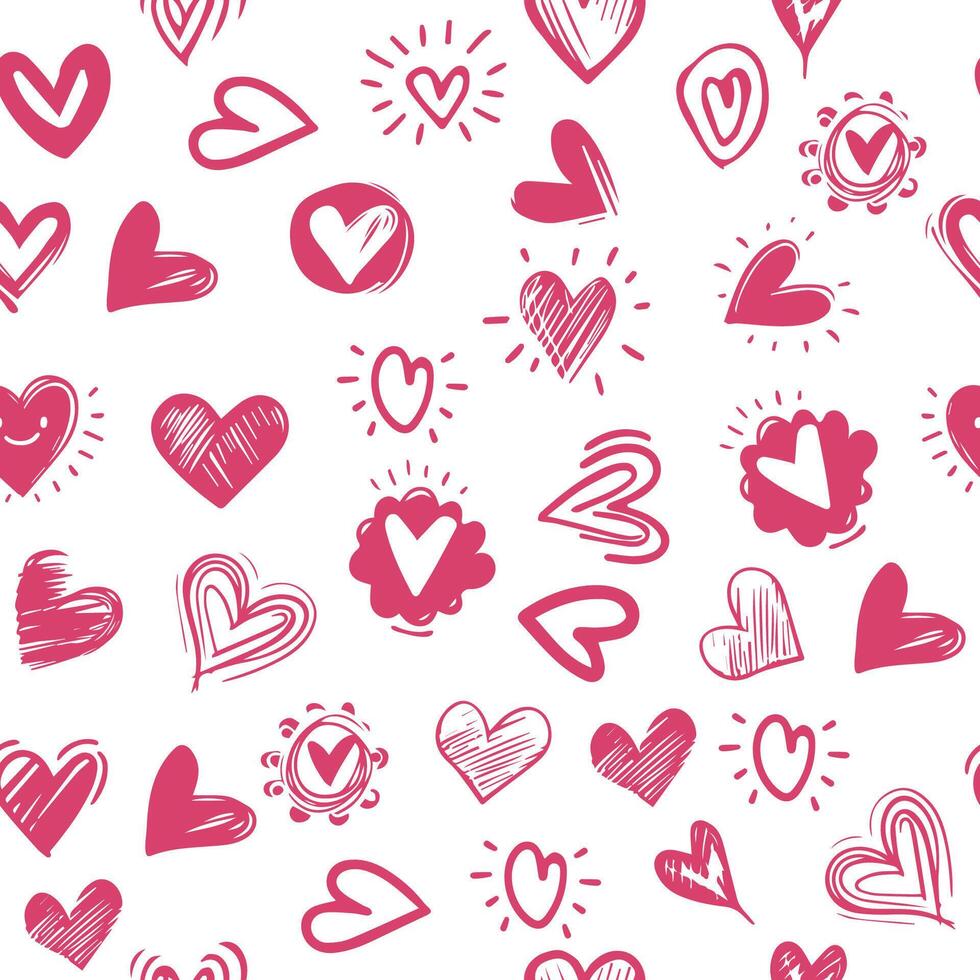 Seamless pattern hand drawn scribble doodles red hearts vector