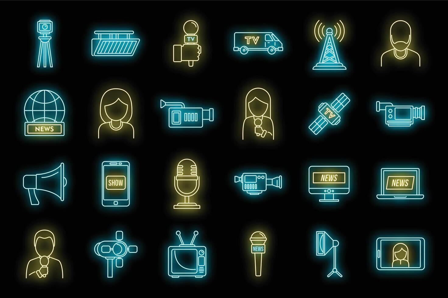 TV presenter interview icons set vector neon