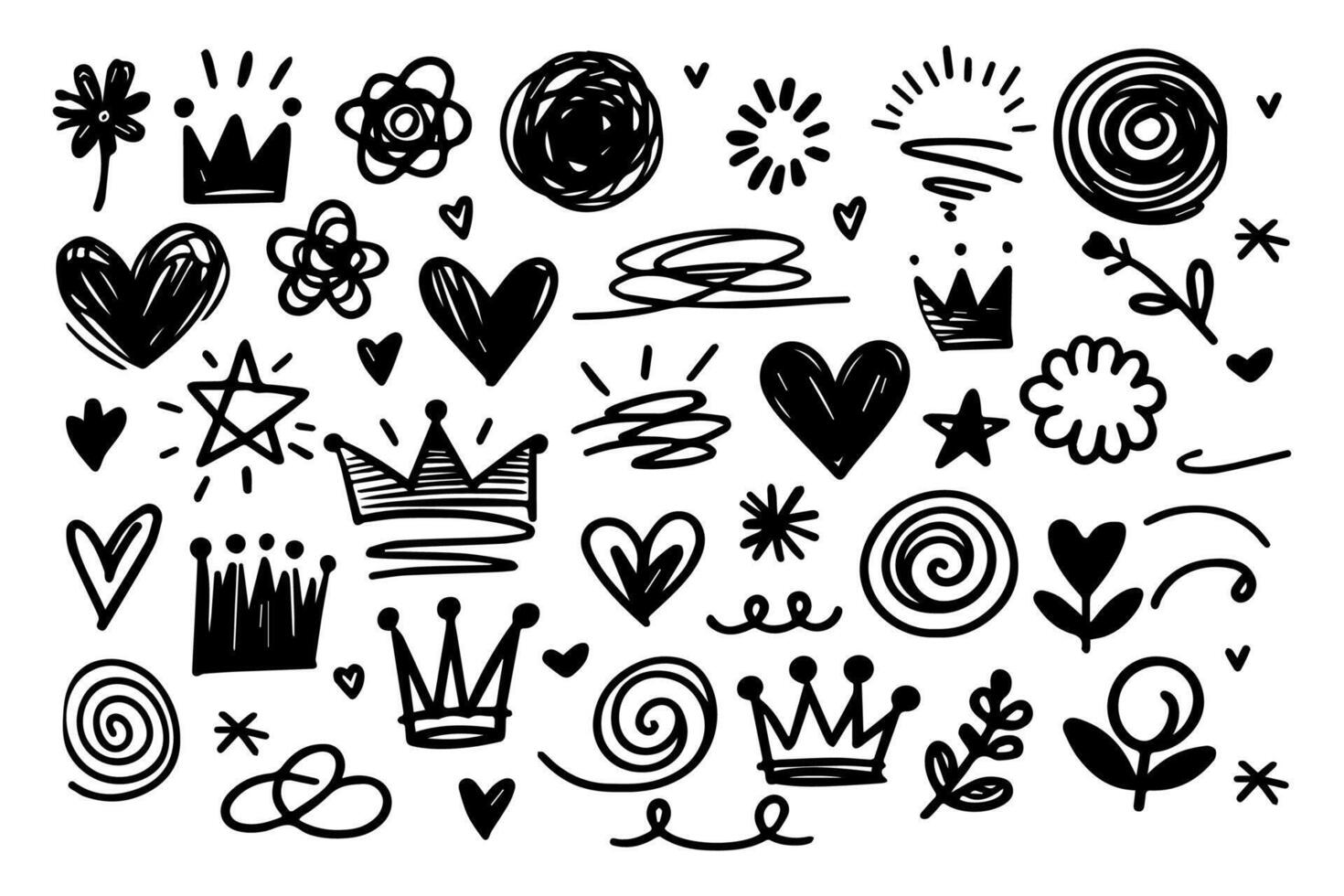 Set hand drawn scribbles star, heart, crown, flower vector