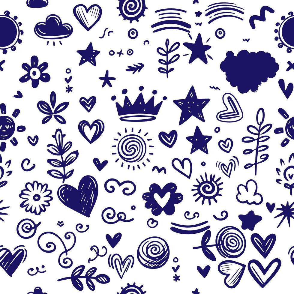 Seamless pattern abstract blue scribble doodles vector