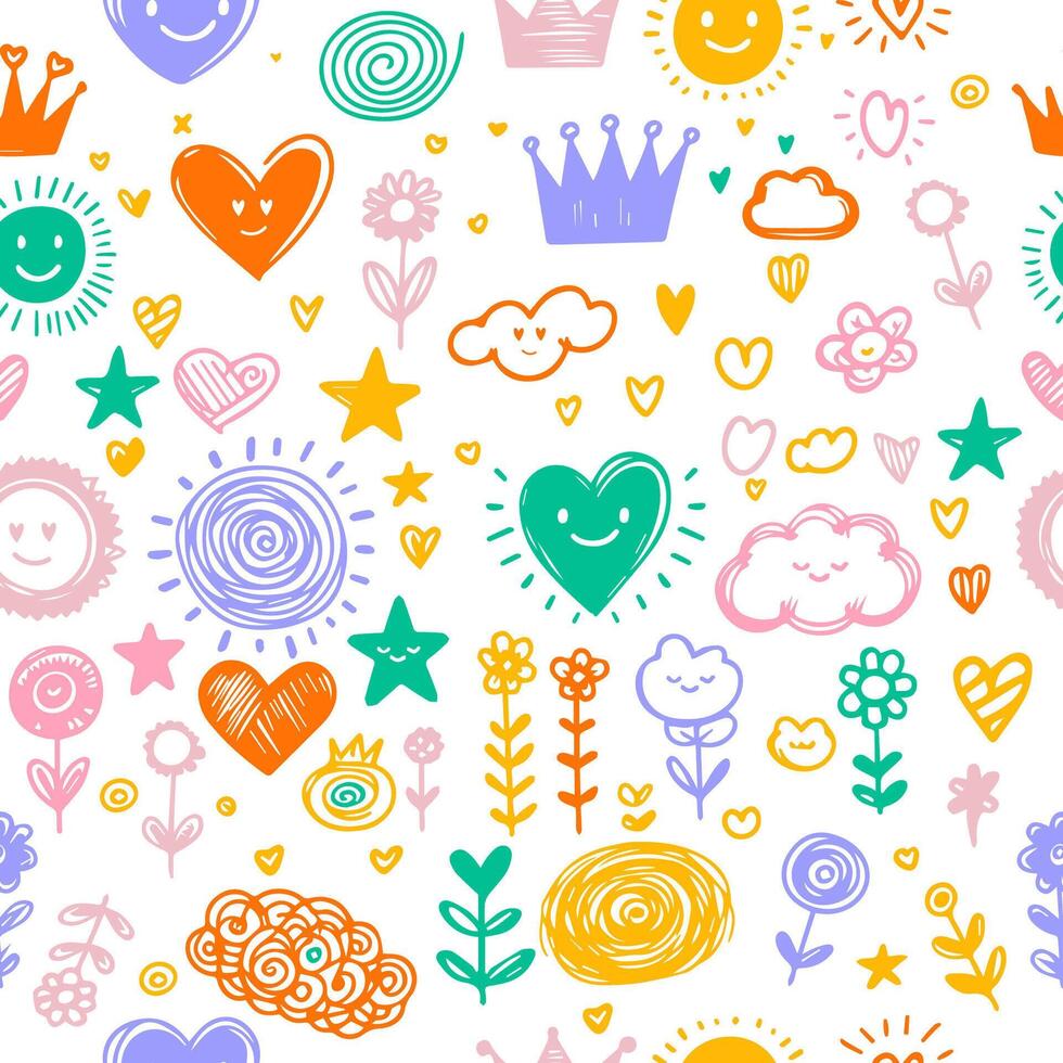 Seamless colorful pattern hand drawn kawaii scribbles star, heart, crown, flower vector