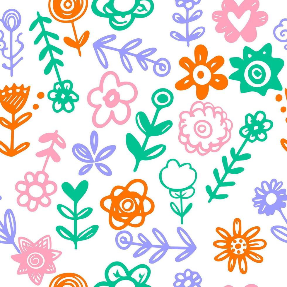 Seamless pattern colored hand drawn scribble doodles flowers vector
