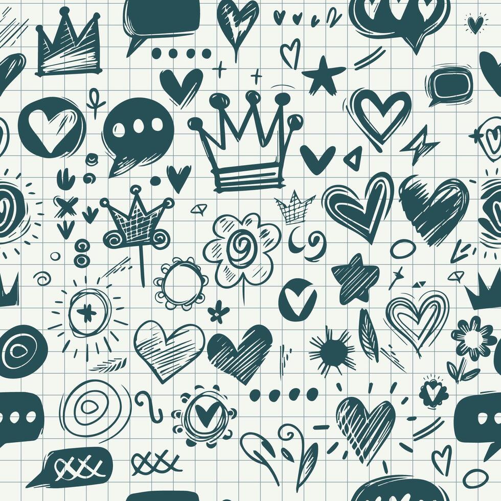 Seamless pattern abstract scribble doodles speech bubble, star, heart, crown, flower vector