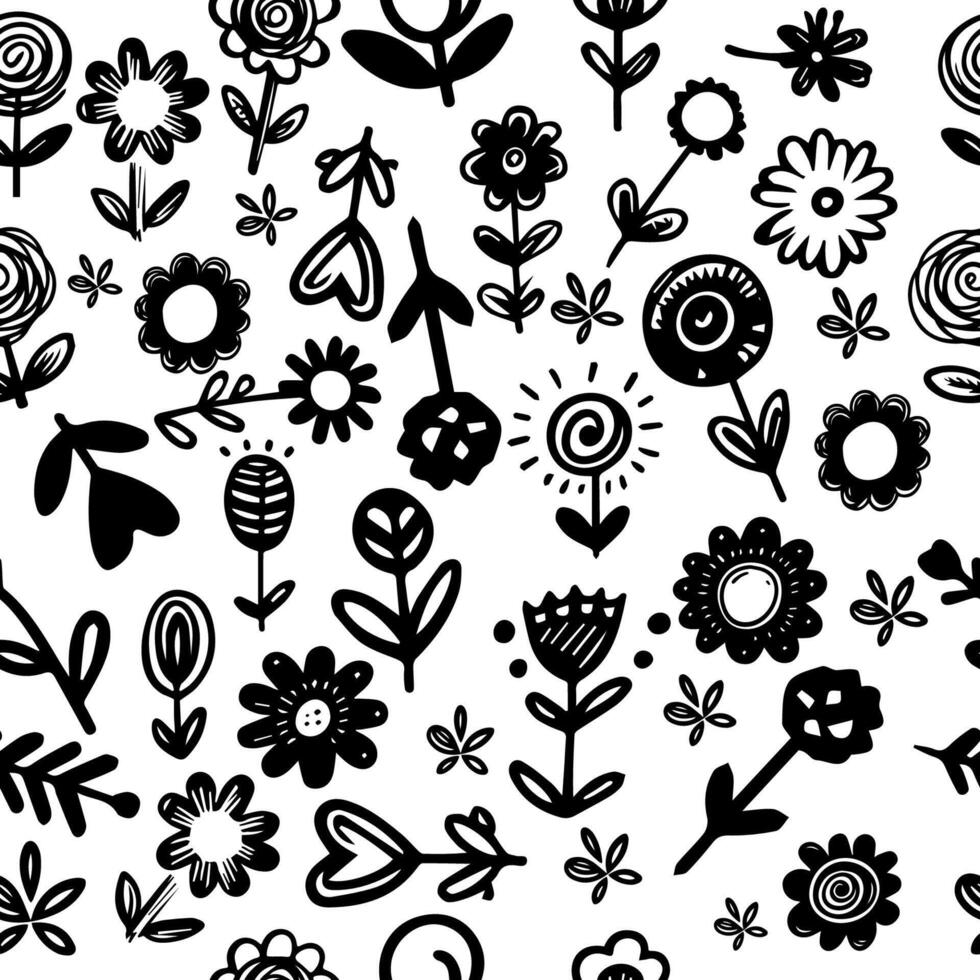 Seamless pattern hand drawn scribble doodles flowers vector