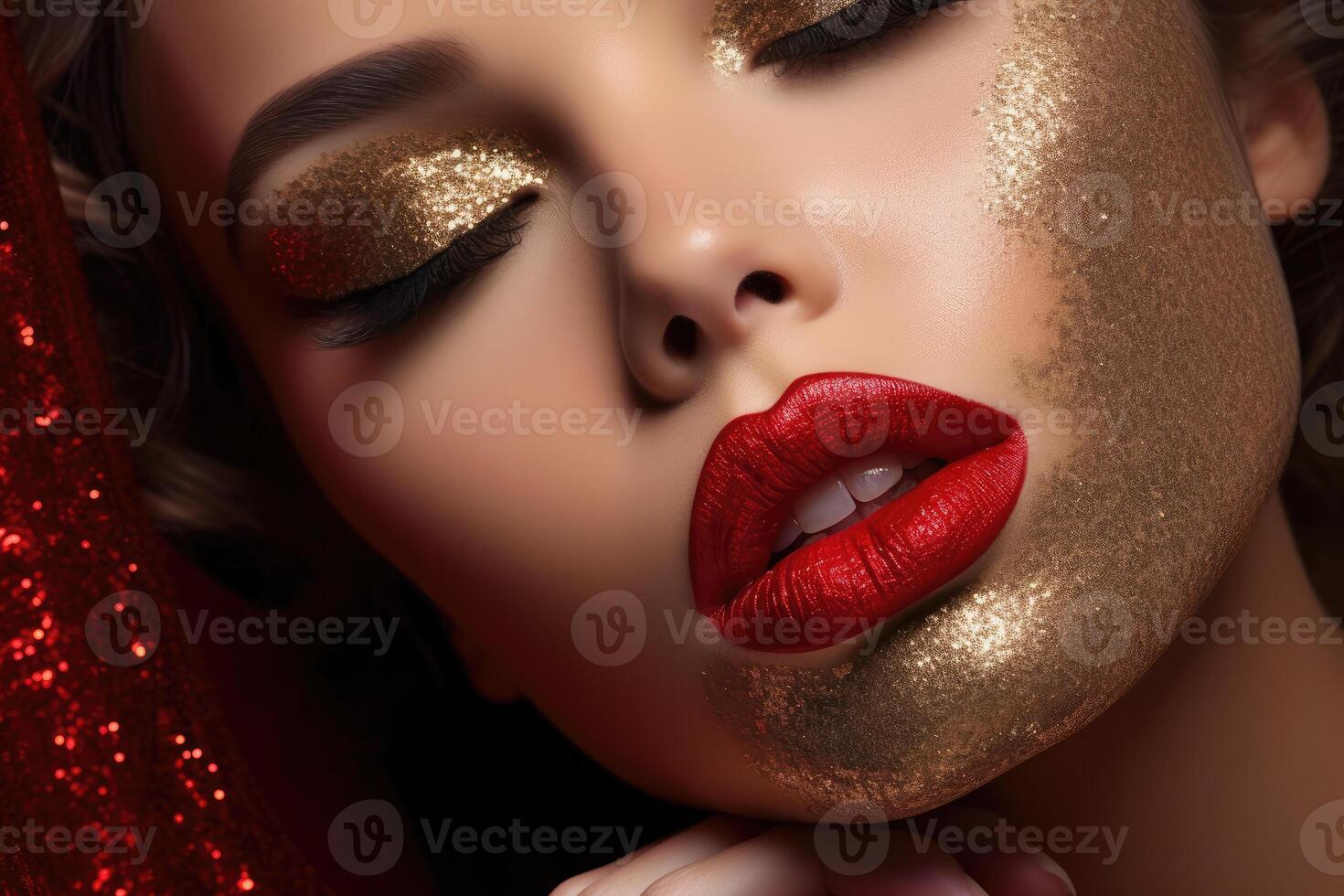 AI generated Close-up beauty portrait of a young woman with red lipstick. photo