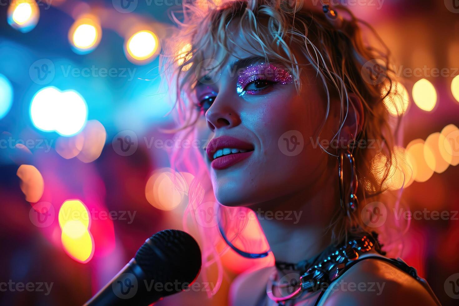 AI generated Pretty 25 year old blonde girl wearing 1980s, singer. photo