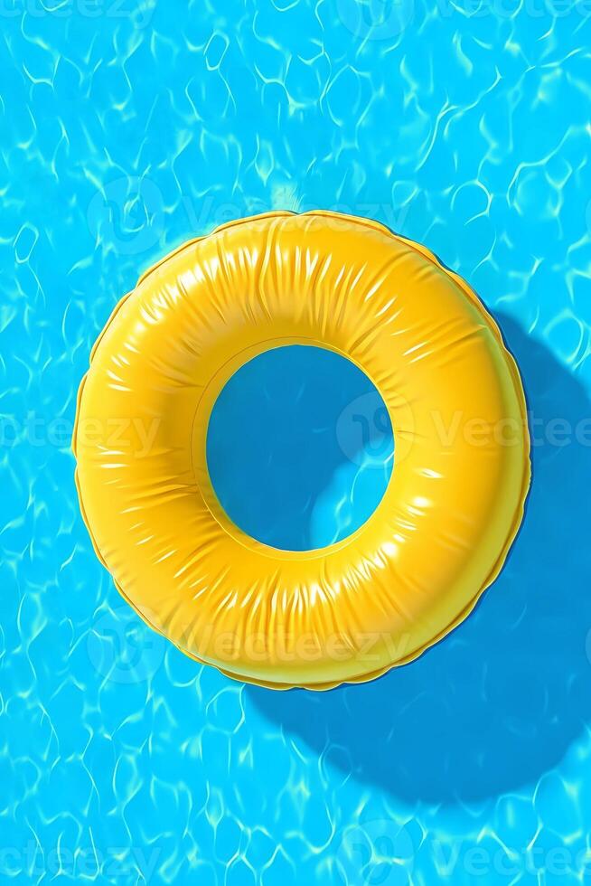 AI generated 3d yellow inflatable pool ring, top view, pool background with blue water. Vertical background photo