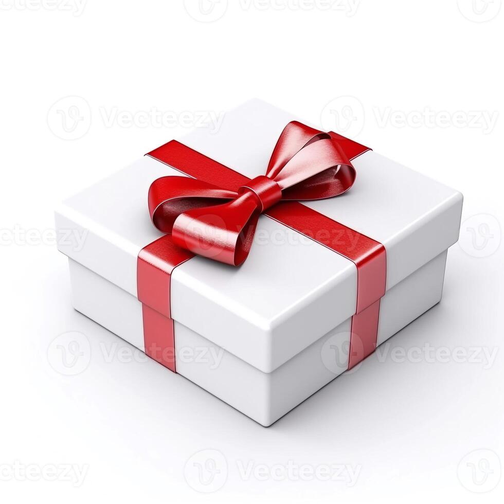 AI generated White 3d gift box decorated with red bow, isolated on white background. Happy Valentine's day. photo