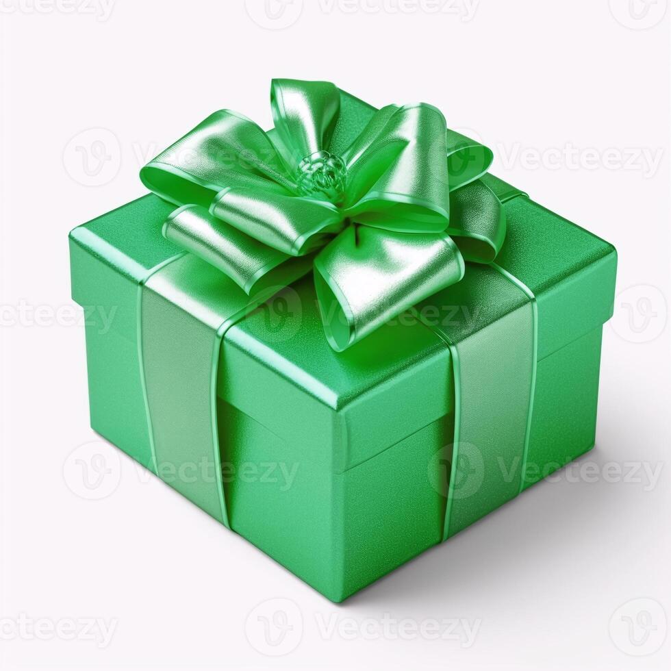 AI generated Green 3d gift box decorated with a large festive bow on a white background. A present for Saint Patrick's Day photo