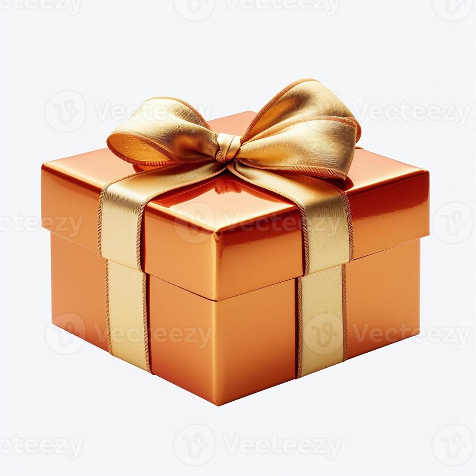 AI generated Golden 3d gift box decorated with festive bow, isolated on white background photo