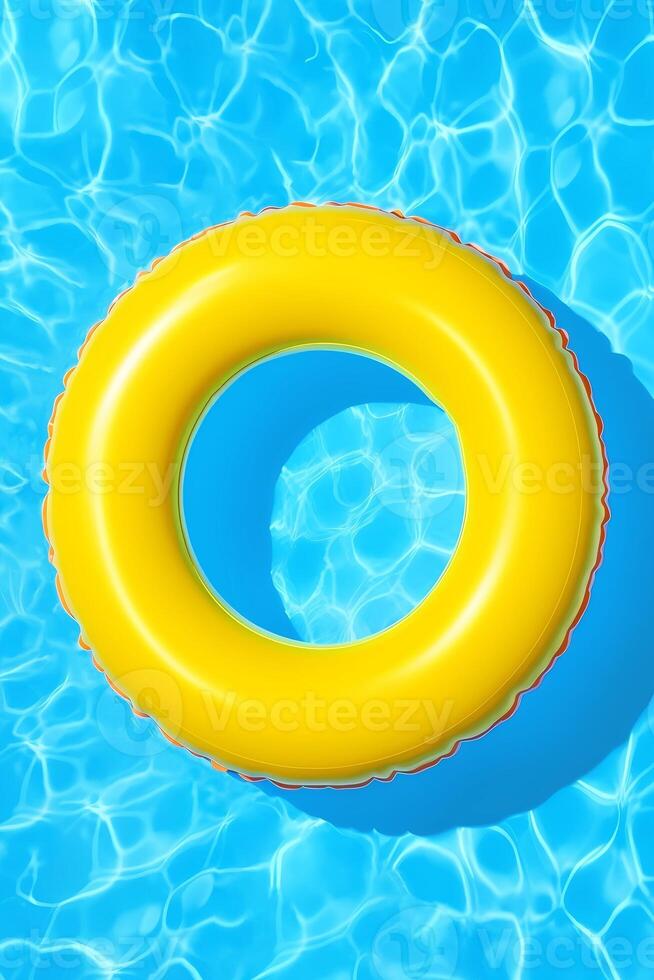 AI generated 3d yellow inflatable pool ring, top view, pool background with blue water. Vertical background photo