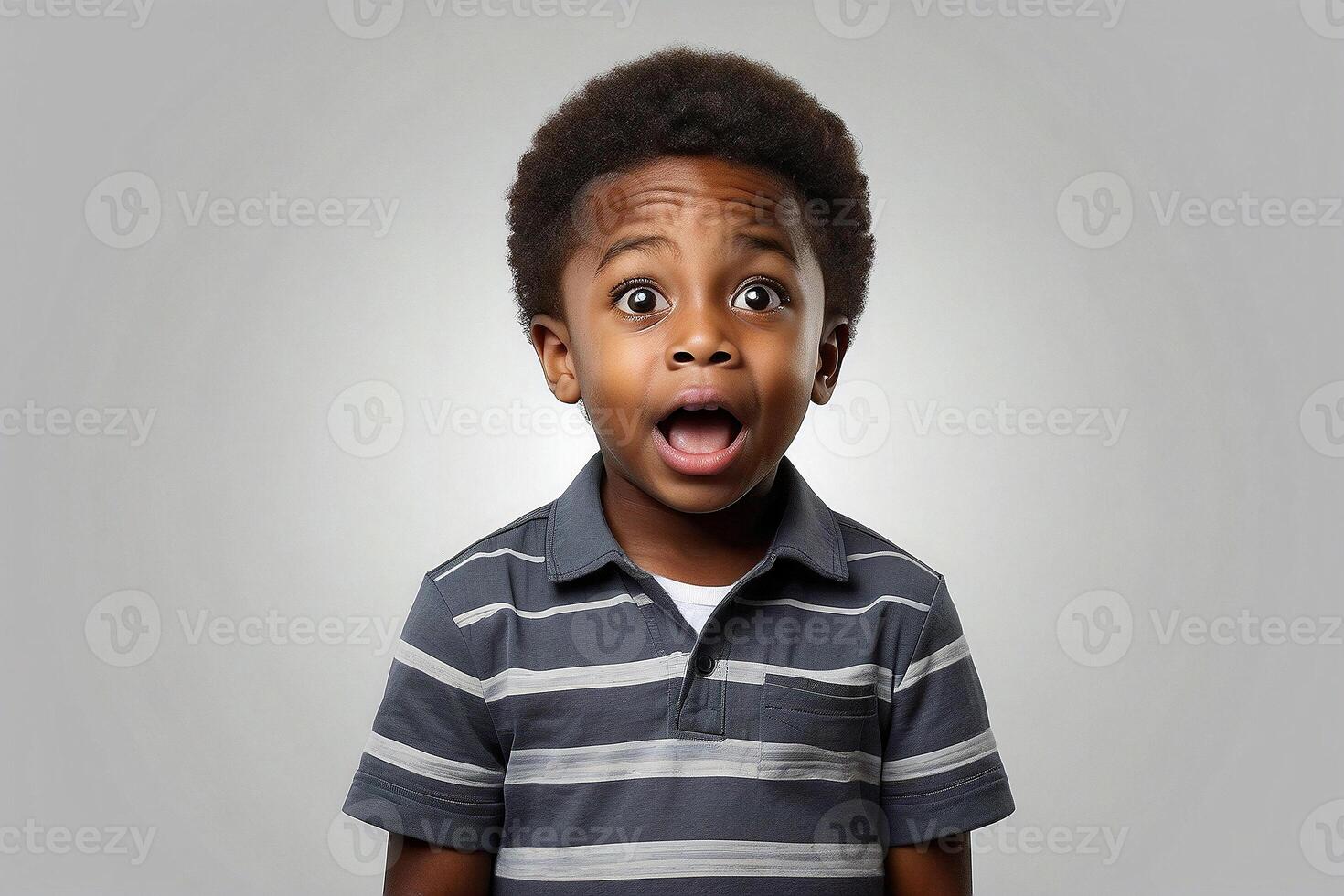 AI generated Studio portrait of a young black boy, looking at the camera with a surprised expression on his face. Isolated on a plain background. photo