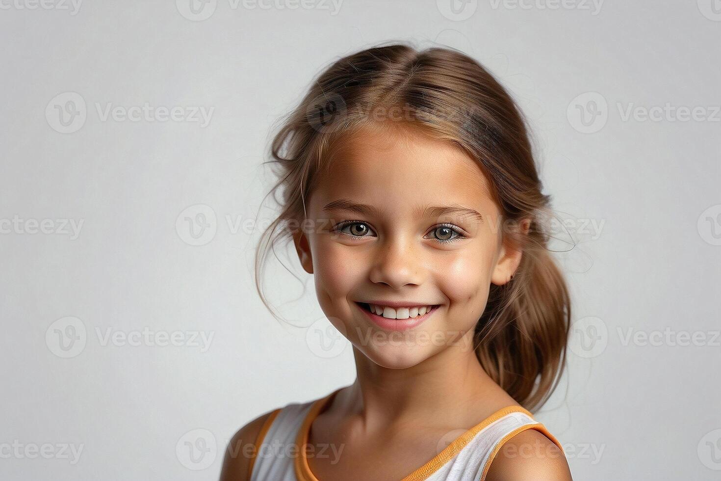 ai generado estudio retrato de un sonriente joven muchacha. dental anuncio publicitario. promocional imagen. aislado en un llanura antecedentes. foto