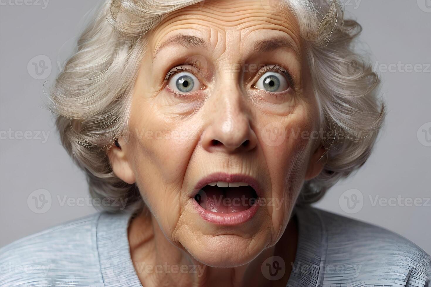 AI generated Studio image of an elderly woman with a shocked expression on her face. photo