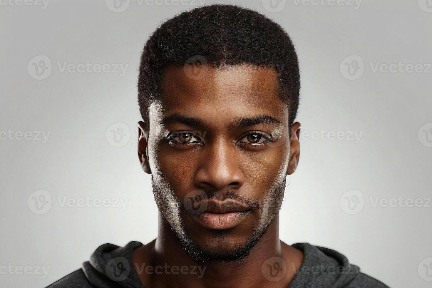 AI generated Studio portrait of a handsome young black man with a strong jawline looking directly at the camera. photo