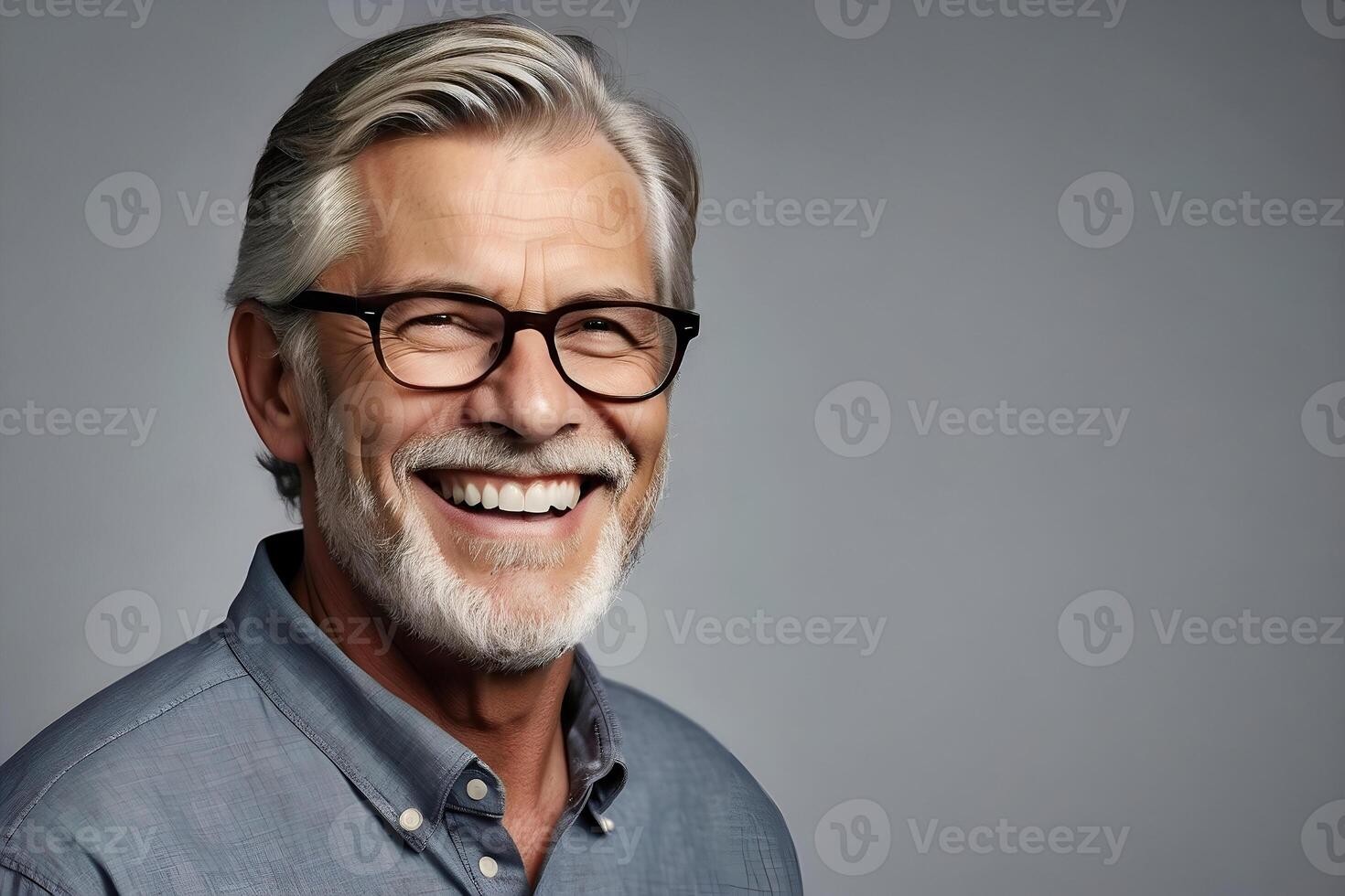 AI generated Studio portrait of a handsome, middle-aged, bearded man smiling at the camera. Isolated on a plain background. photo