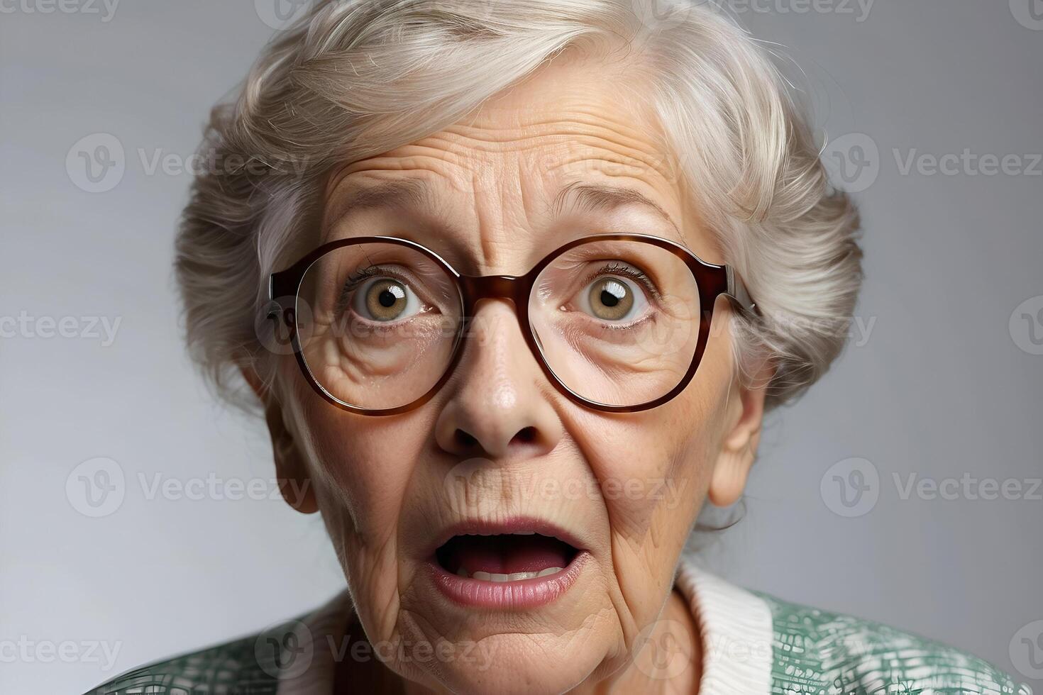 AI generated A mature older woman wearing glasses with a surprised expression on her face. Advertisement image. photo